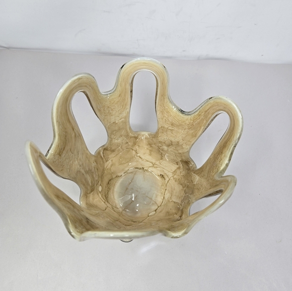 Makora Krosno Vintage Hand Blown Made Swirl Gold & Brown Open Vase Glass Ruffle - Picture 5 of 10